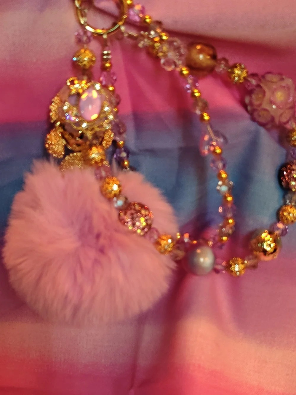 Pink Faux Fur Poodle Keychain Charm with Gold-tone Beads